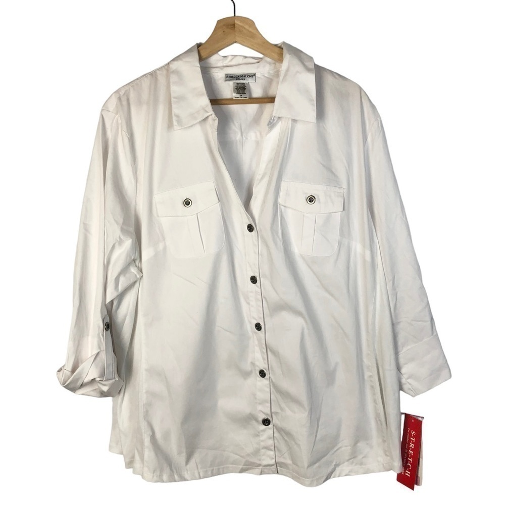 Rebecca Malone Woman White Roll Tab Long Sleeve Button Down 3X
